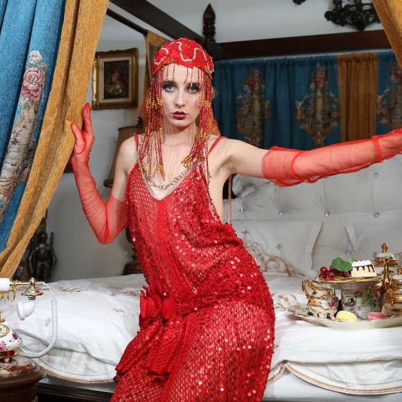 SAMPLE GOWN ONLY- LADY ELEANOR Custom Order Red Gatsby Wedding Gown - Picture 3 of 15